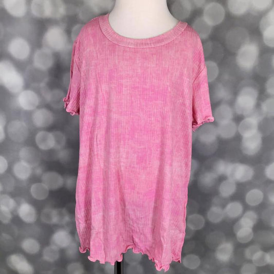 LuLaRoe Kids Lacey Top in Solid Pink Wash with ribbed knit fabric and lettuce-edge trim