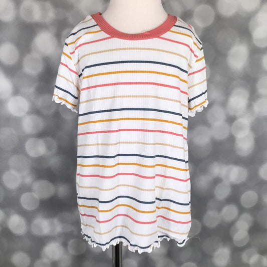 LuLaRoe Lacey Top in White Pink Yellow Blue Retro Stripe with pink neckline and lettuce-edge trim