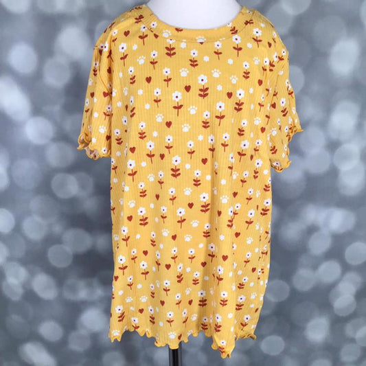 LuLaRoe Lacey Top in Yellow with white floral, heart, and paw print design