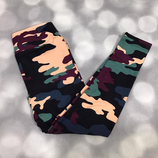 LuLaRoe leggings featuring multicolor camouflage print in peach, plum, green, and black tones.