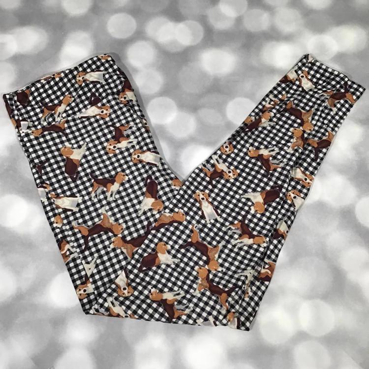 LuLaRoe leggings with beagle dog print on black and white gingham pattern