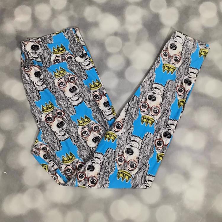 LuLaRoe leggings in bright blue featuring crowned poodle dog print with glasses – buttery-soft fabric