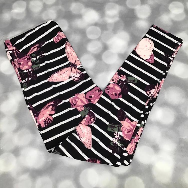LuLaRoe leggings black and white stripe print with pink flowers and butterflies