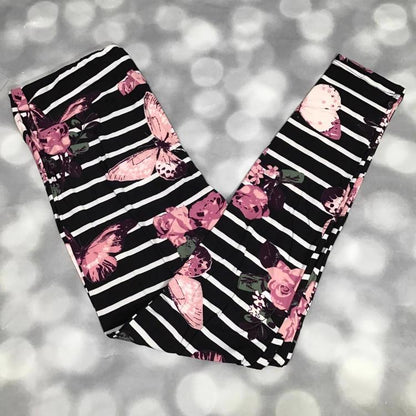 LuLaRoe leggings black and white stripe print with pink flowers and butterflies