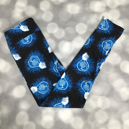 LuLaRoe leggings in Bright Idea with black background, electric blue lightbulb icons, and soft stretchy fabric on a dark background