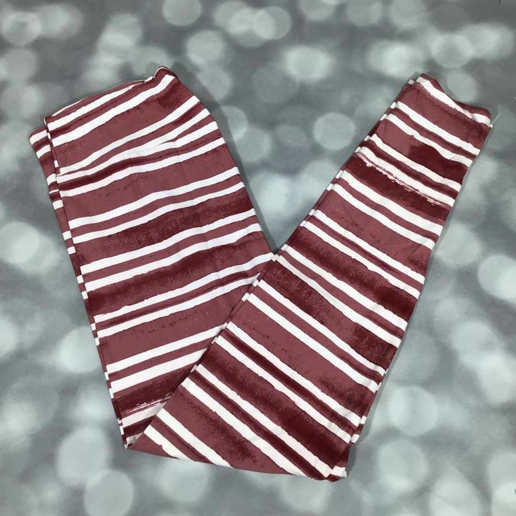 LuLaRoe leggings in burgundy and white stripes with rustic finish