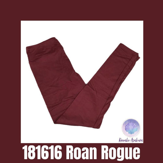 LuLaRoe Solid Roan Rogue leggings in deep wine red with warm brown undertones, soft stretch fabric and comfortable yoga waistband on a white background with '181616 Roan Rogue' text and a brand logo.