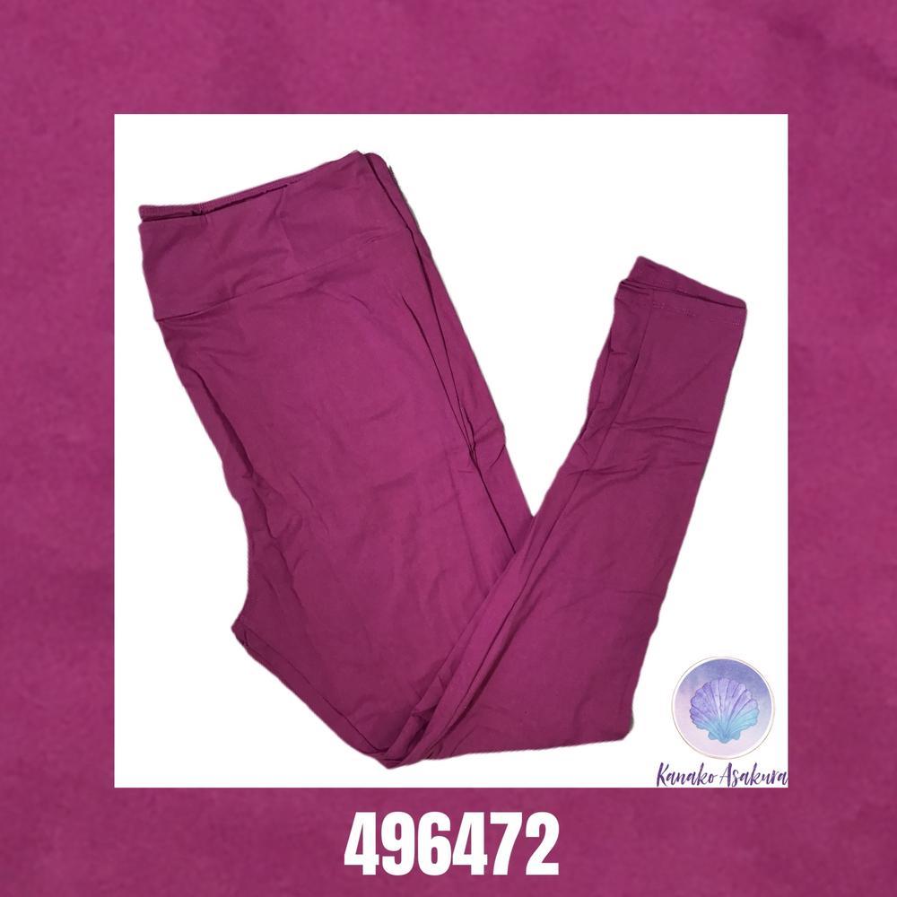 LuLaRoe Wild Berry Bloom leggings in solid rich berry pink with magenta undertones and soft stretch fabric with comfortable yoga waistband on a white background with a brand logo and product number.