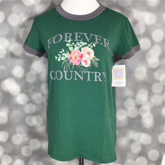 Front view of LuLaRoe Liv T on mannequin featuring forest green base, gray contrast neckline and cuffs, and ‘Forever Country’ floral design against a blurred background