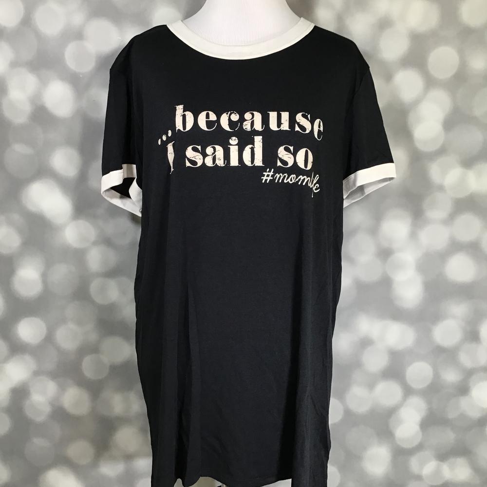 LuLaRoe Liv Tee in black with white trim and bold graphic that reads “…because I said so #momlife” on a mannequin against a blurred background