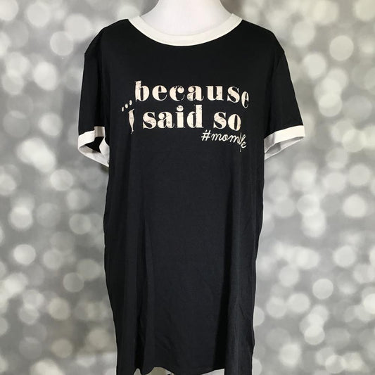 LuLaRoe Liv Tee in black with white trim and bold graphic that reads “…because I said so #momlife” on a mannequin against a blurred background