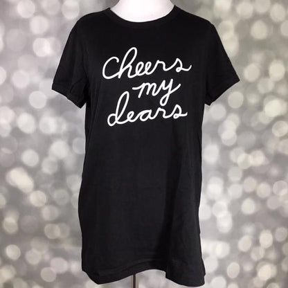 LuLaRoe Liv Tee black shirt with cheers my dears script graphic