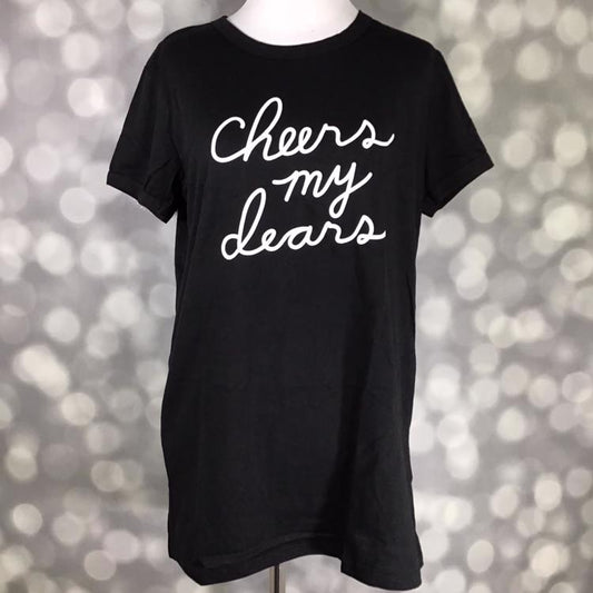 LuLaRoe Liv Tee black shirt with cheers my dears script graphic