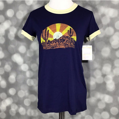 LuLaRoe Liv Tee navy shirt with desert sunset graphic featuring mountains, cacti, and sun rays with yellow trim