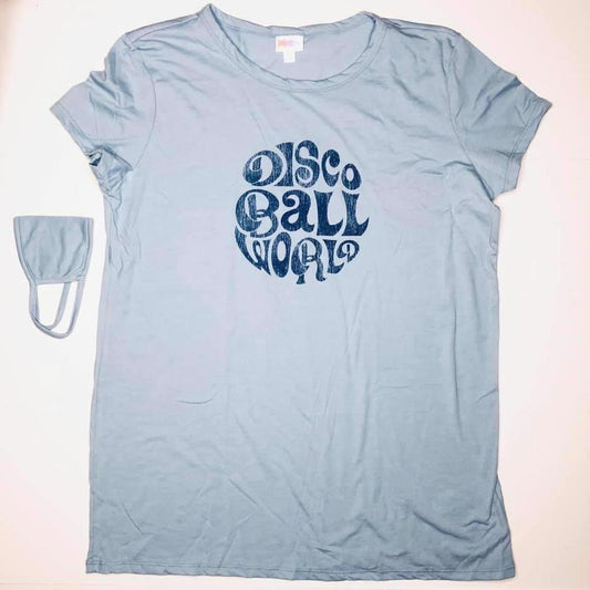 LuLaRoe Liv Tee light blue graphic shirt featuring navy retro lettering that reads “Disco Ball World” inside a circular vintage-style design.