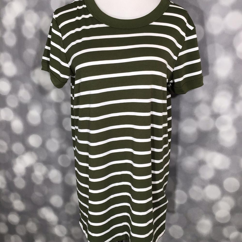 LuLaRoe Liv Tee featuring olive green and white horizontal stripes. Women's casual striped t-shirt with a relaxed fit, crew neckline, and classic coastal-inspired pattern for everyday wear on a mannequin against a blurred gray background