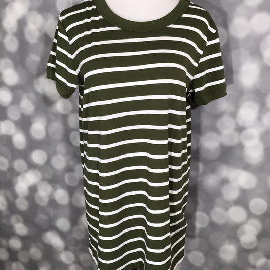 LuLaRoe Liv Tee featuring olive green and white horizontal stripes. Women's casual striped t-shirt with a relaxed fit, crew neckline, and classic coastal-inspired pattern for everyday wear on a mannequin against a blurred gray background