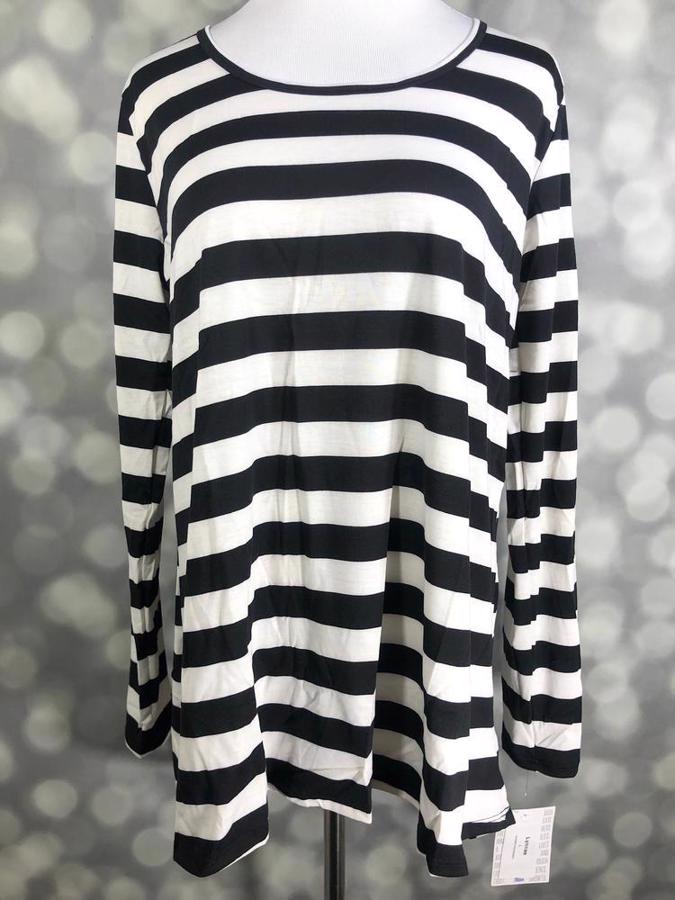 LuLaRoe Lynnae Top in black and white horizontal stripes with long sleeves and high-low hemline.