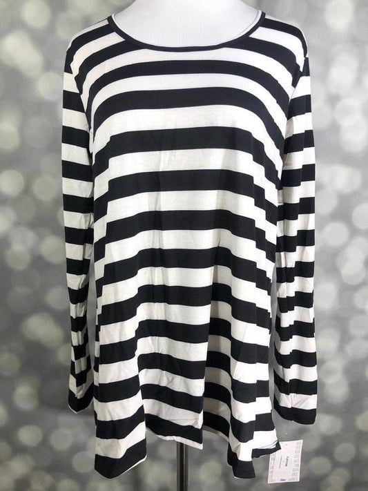 LuLaRoe Lynnae Top in black and white horizontal stripes with long sleeves and high-low hemline.
