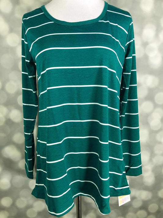 LuLaRoe Lynnae Top in green with white horizontal stripes, long sleeves, scoop neckline, and high-low hemline