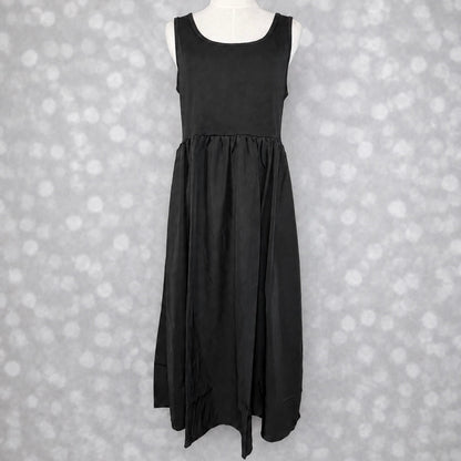 LuLaRoe Madeline Midi Tank Dress in solid black with a sleeveless tank bodice, gathered waist and flowing A-line midi skirt.