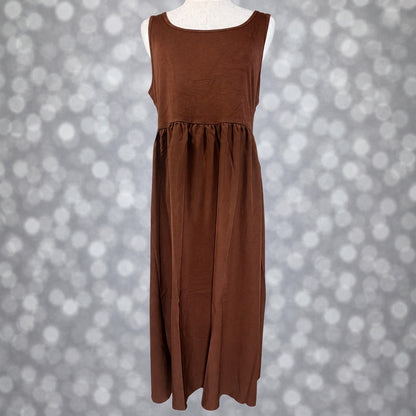 LuLaRoe Madeline Midi Tank Dress in solid chestnut brown with a sleeveless tank bodice, gathered waist and flowing A-line midi skirt.