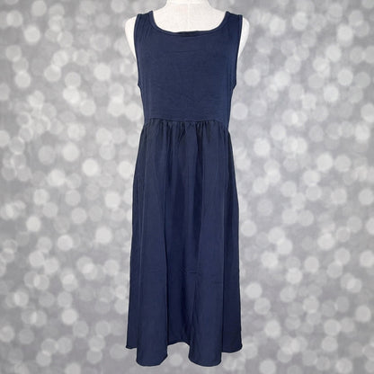 LuLaRoe Madeline Midi Tank Dress in solid navy with a sleeveless tank bodice, gathered waist and flowing A-line midi skirt.
