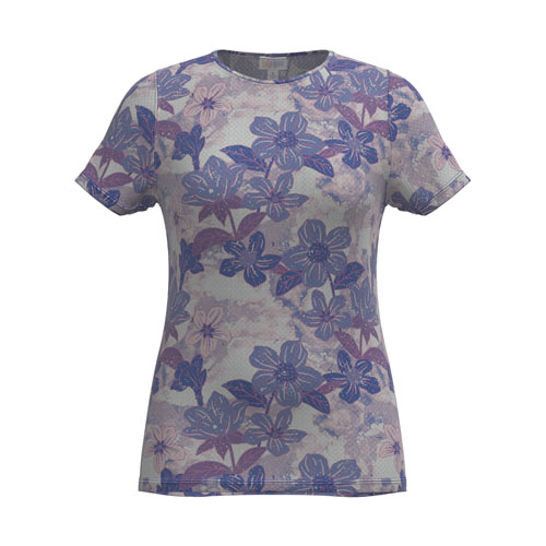 LuLaRoe Miranda Mesh T featuring dusty lavender and muted blue watercolor floral prints on lightweight semi-sheer mesh fabric with short sleeves and a soft romantic boutique fashion aesthetic.