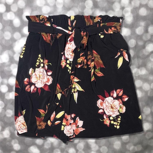 LuLaRoe paperbag shorts in black with soft vintage rose floral clusters and greenery