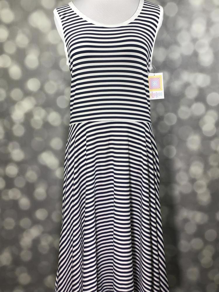 LuLaRoe Nicki sleeveless dress with classic black and white horizontal stripes