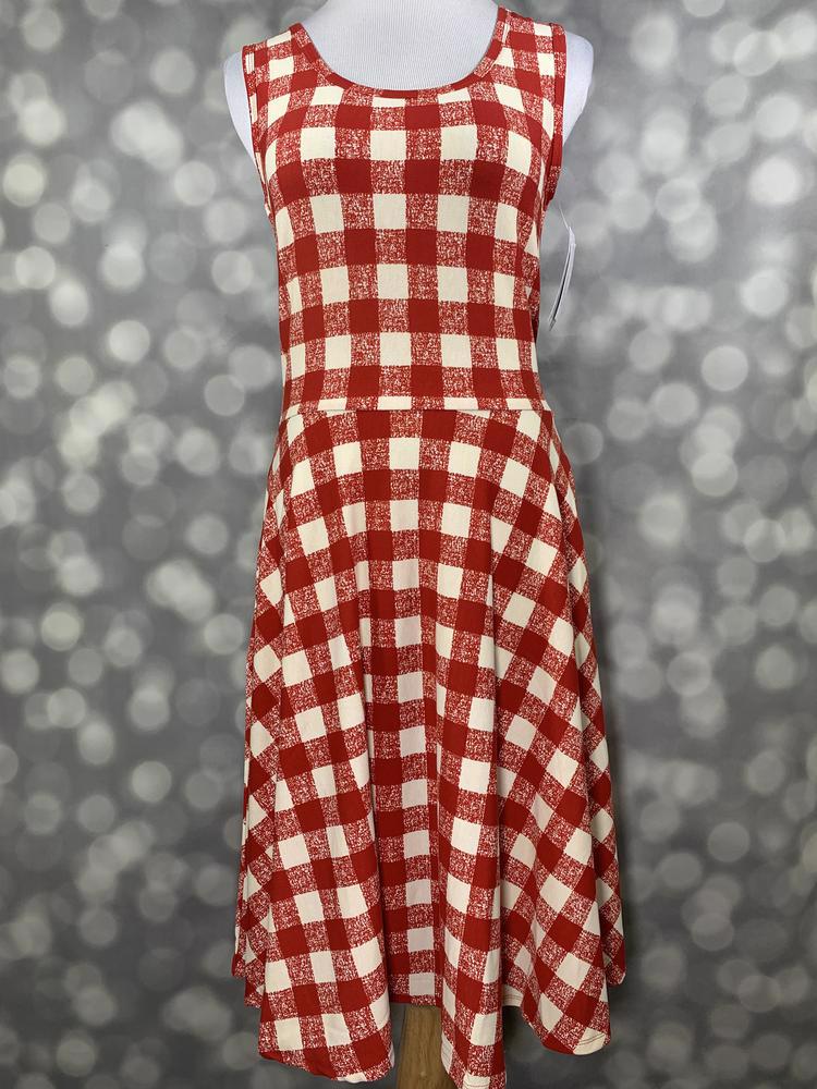 LuLaRoe Nicki sleeveless dress in red and cream gingham check on mannequin