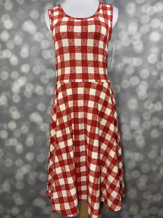 LuLaRoe Nicki sleeveless dress in red and cream gingham check on mannequin