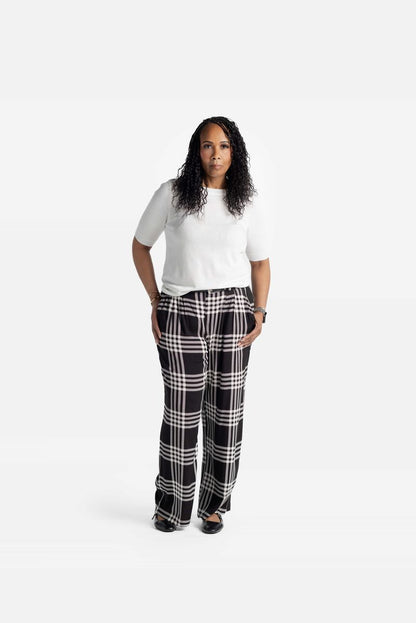 LuLaRoe Pamela Trouser in black with ivory windowpane plaid pattern, wide leg pants styled with white top on a white background