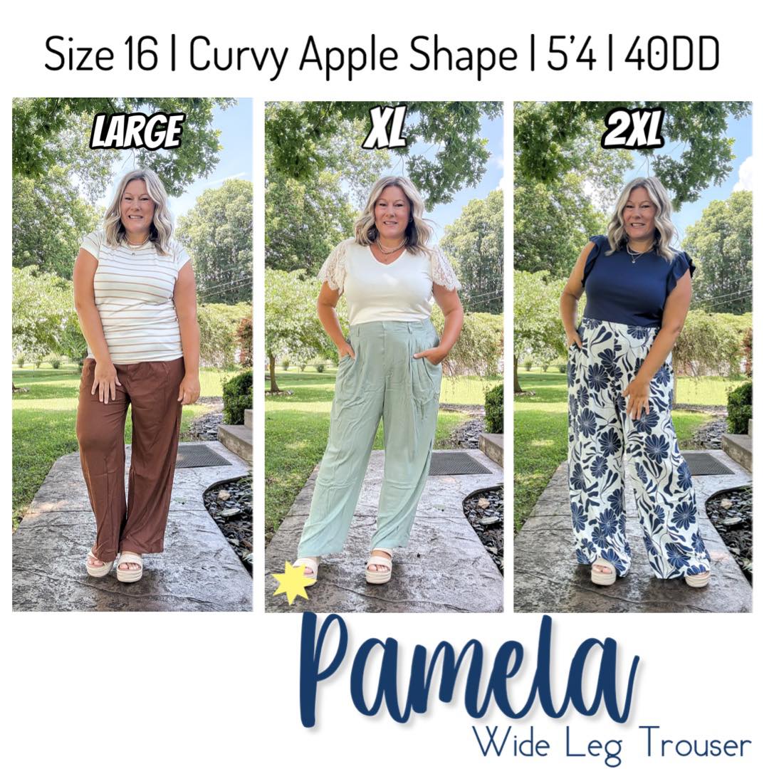Side-by-side size comparison of Pamela Wide Leg Trouser in sizes Large, XL, and 2XL on a 5'4 curvy apple-shaped woman wearing size 16 and 40DD bust