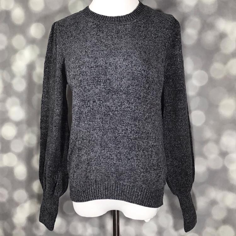 LuLaRoe Piper Sweater in heathered charcoal gray knit with balloon sleeves, ribbed neckline, ribbed hem, and extended rib cuffs displayed on mannequin against gray backdrop.