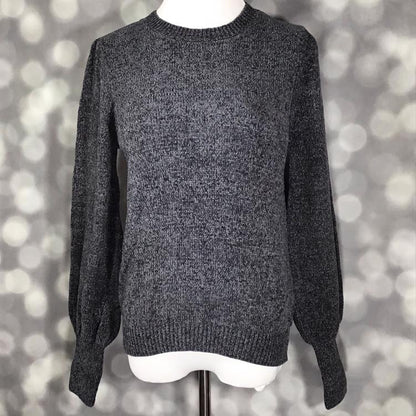 LuLaRoe Piper Sweater in heathered charcoal gray knit with balloon sleeves, ribbed neckline, ribbed hem, and extended rib cuffs displayed on mannequin against gray backdrop.