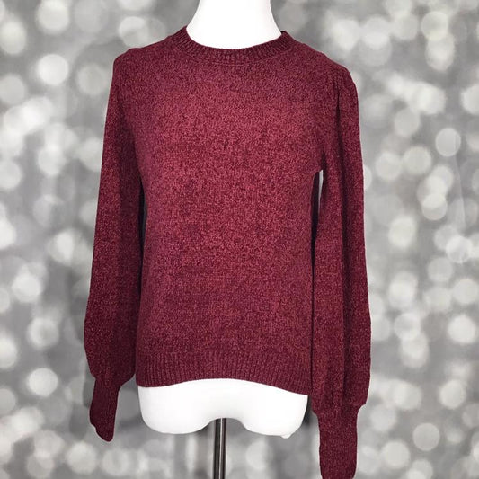 LuLaRoe Piper Sweater in cranberry chenille knit with balloon sleeves and ribbed cuffs” | “Front view of LuLaRoe Piper Sweater on mannequin featuring deep red textured chenille fabric and long balloon sleeves.