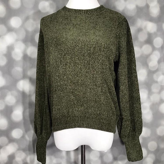 LuLaRoe Piper Sweater in solid deep forest green knit with ribbed neckline, hem, and extended cuffs and balloon sleeves displayed on mannequin against gray background.