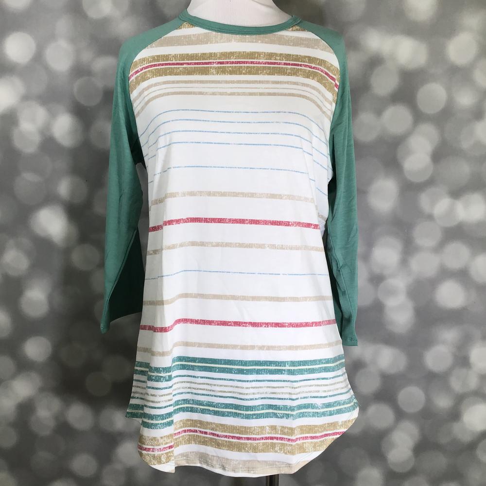 LuLaRoe Randy Tee with teal sleeves and multicolor distressed stripe print on a mannequin against a blurred gray background