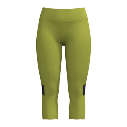 Flat lay product image of solid citron moss green LuLaRoe Rise Fearless Crop Leggings with a high-rise athletic waistband and black mesh side pocket accents on a light gray background.