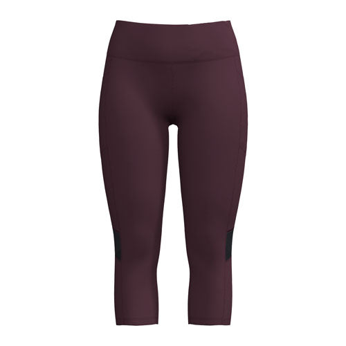 Flat lay product image of solid deep mulberry plum LuLaRoe Rise Fearless Crop Leggings with a high-rise athletic waistband and black mesh side panel accents on a light gray background.