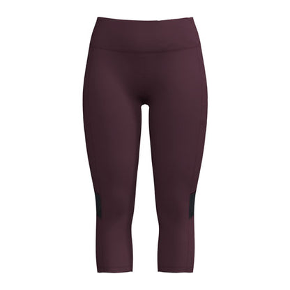 Flat lay product image of solid deep mulberry plum LuLaRoe Rise Fearless Crop Leggings with a high-rise athletic waistband and black mesh side panel accents on a light gray background.