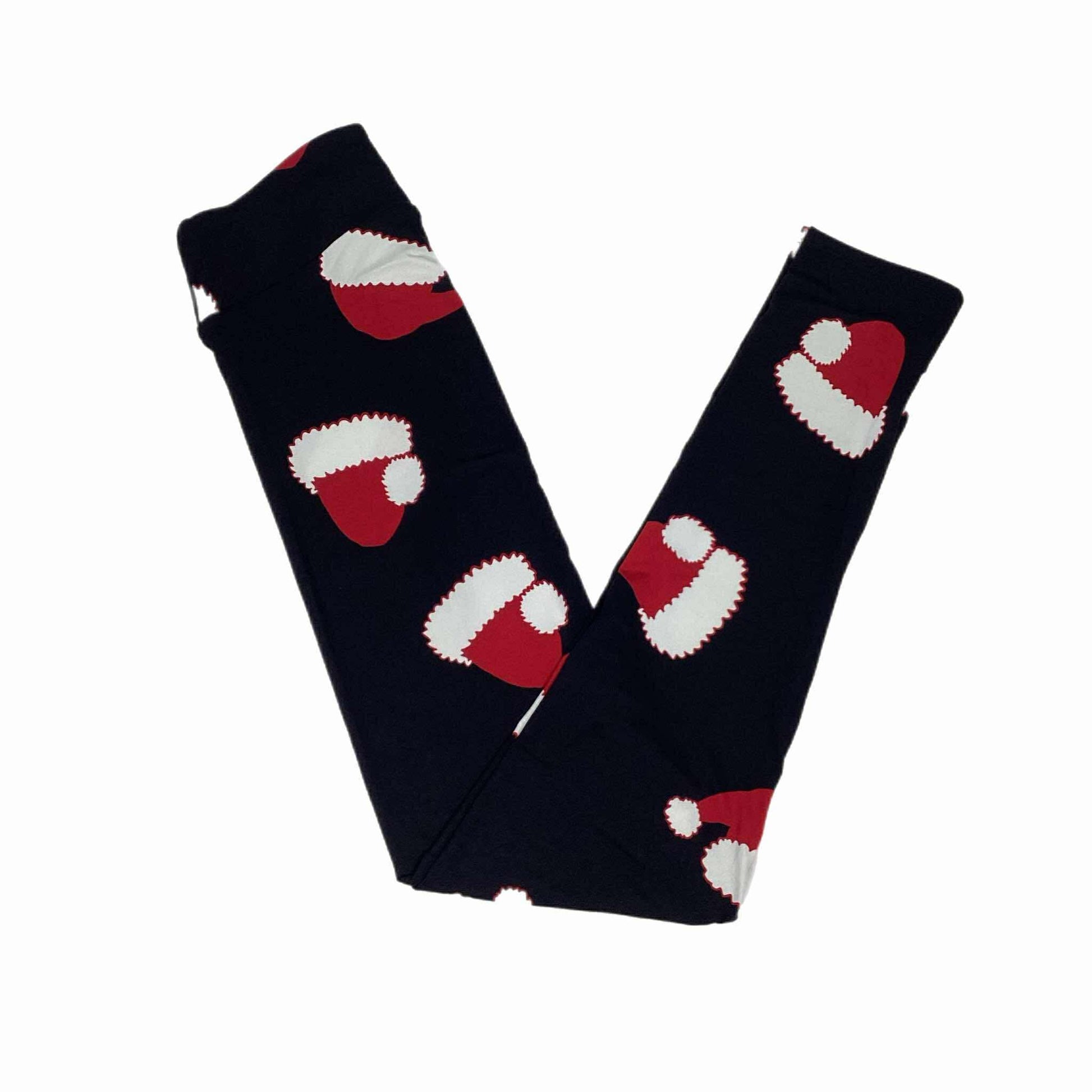 Black leg warmers with red and white Santa hat designs on a white background