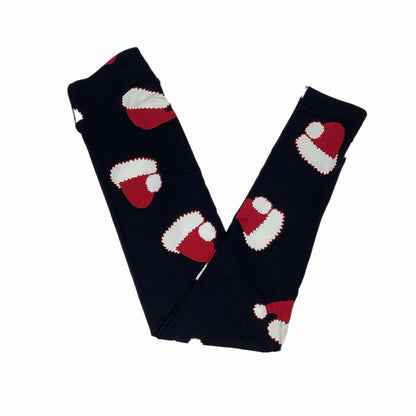 Black leg warmers with red and white Santa hat designs on a white background