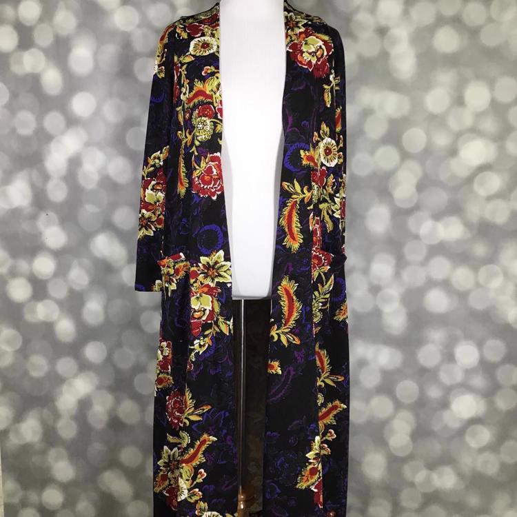 LuLaRoe Sarah Cardigan in black with bold red, gold, and purple floral print, lightweight mid-calf cardigan.