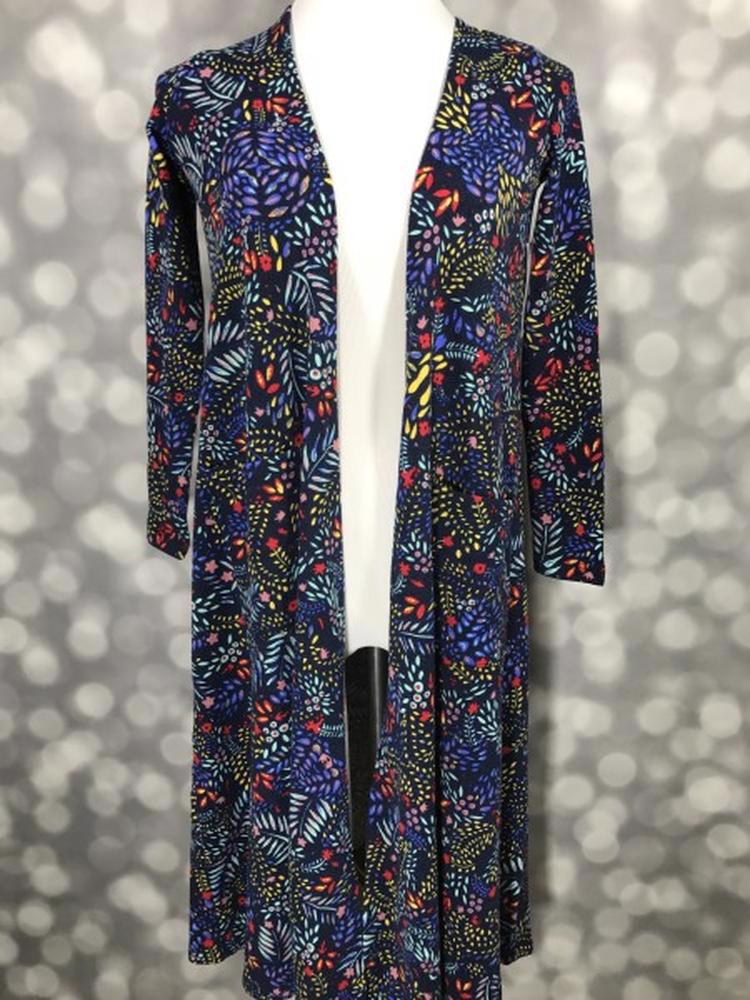 LuLaRoe Sarah Cardigan in navy with multicolor floral print, lightweight mid-calf cardigan