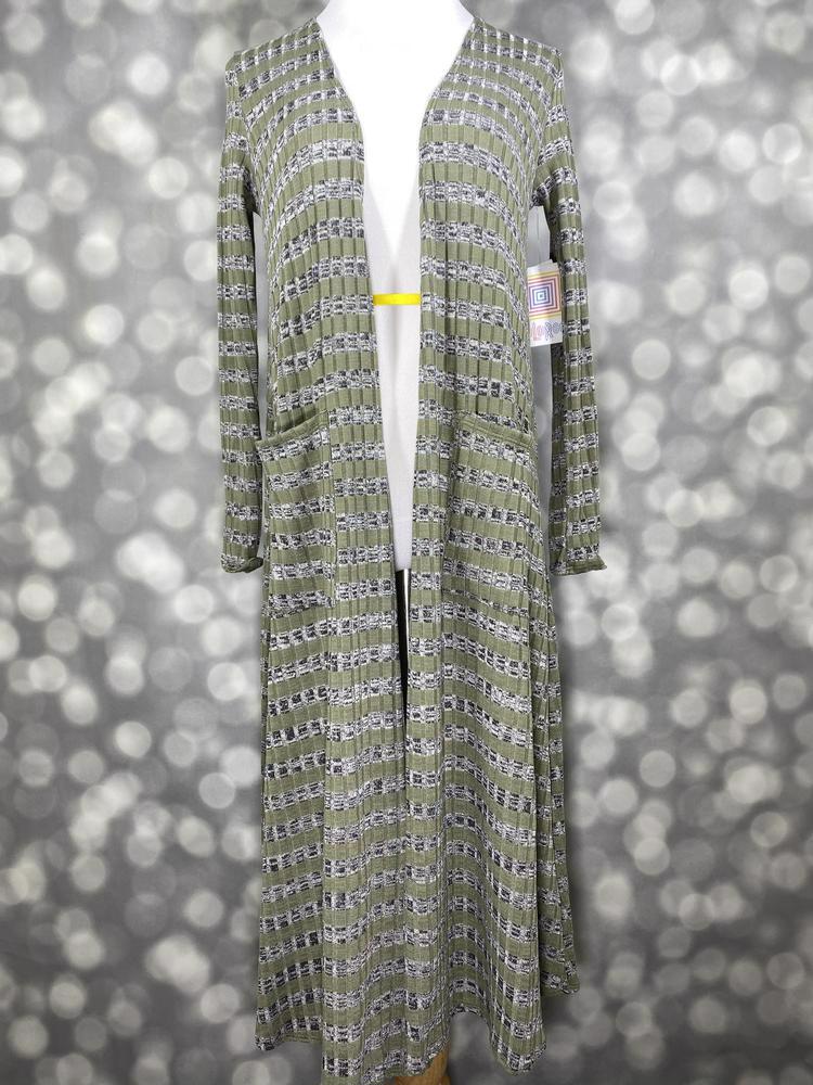 LuLaRoe Sarah Cardigan in olive green with black and white striped pattern, mid-calf length, cropped long sleeves