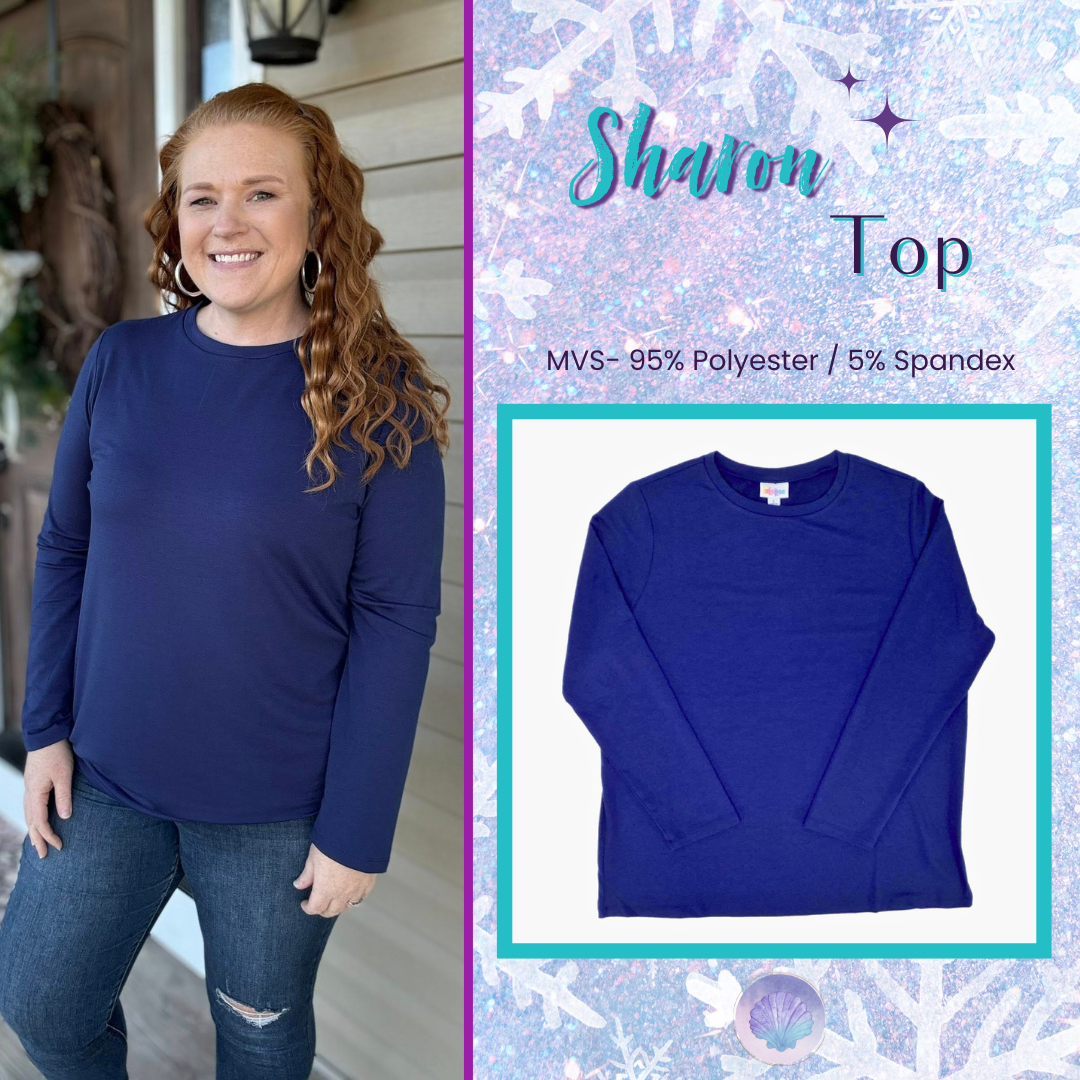 Flat lay of a solid deep blue LuLaRoe Sharon Top with long sleeves and a tunic-length silhouette, shown on a white background. Additional model image shows the top styled casually with jeans for everyday winter wear.