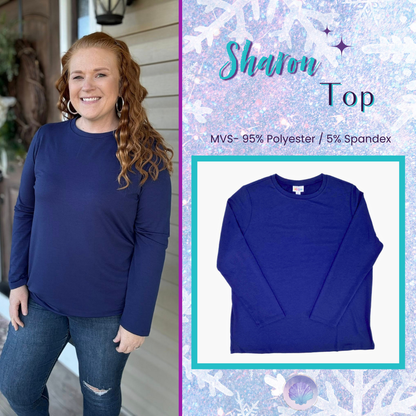 Flat lay of a solid deep blue LuLaRoe Sharon Top with long sleeves and a tunic-length silhouette, shown on a white background. Additional model image shows the top styled casually with jeans for everyday winter wear.