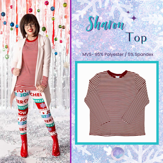 Woman wearing a red and white striped top with colorful text and patterned leggings, next to a close-up of the top and product details.